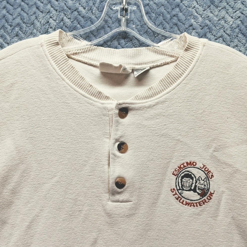 Vintage Eskimo Joes Stillwater OK Henley Shirt Cream Waffle Knit Mens Large